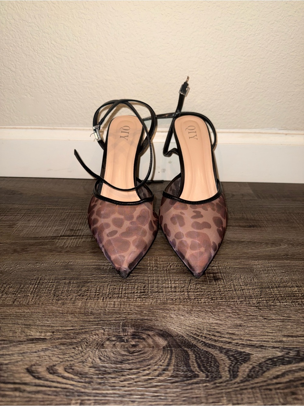 Qiy Brown Leopard Pointed Toe Ankle-Strap Heels